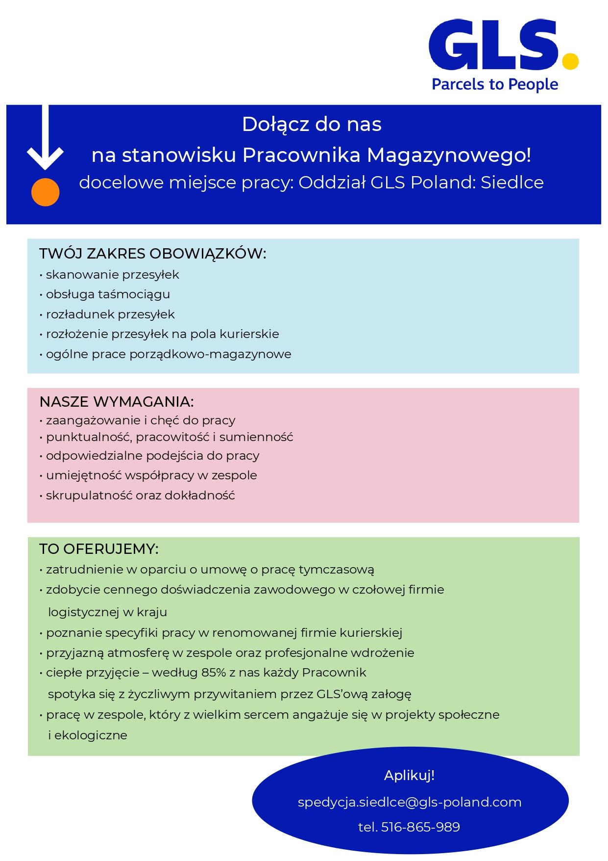  GLS
Dołącz do nas na stanowisku Pracownika Magazynowego! docelowe miejsce pracy: Oddział GLS Poland: Siedlce.
TWÓJ ZAKRES OBOWIĄZKÓW:
skanowanie przesyłek, obsługa taśmociągu, rozładunek przesyłek, rozłożenie przesyłek na pola kurierskie, ogólne prace porządkowo-magazynowe
NASZE WYMAGANIA:
zaangażowanie i chęć do pracy, punktualność, pracowitość i sumienność, odpowiedzialne podejścia do pracy, umiejętność współpracy w zespole, skrupulatność oraz dokładność
TO OFERUJEMY:
zatrudnienie w oparciu o umowę o pracę tymczasową, zdobycie cennego doświadczenia zawodowego w czołowej firmie logistycznej w kraju, poznanie specyfiki pracy w renomowanej firmie kurierskiej, przyjazną atmosferę w zespole oraz profesjonalne wdrożenie, ciepłe przyjęcie - według 85% z nas każdy Pracownik spotyka się z życzliwym przywitaniem przez GLS'ową załogę, pracę w zespole, który z wielkim sercem angażuje się w projekty społeczne i ekologiczne.
Aplikuj!
spedycja.siedlce@gls-poland.com
tel. 516-865-989